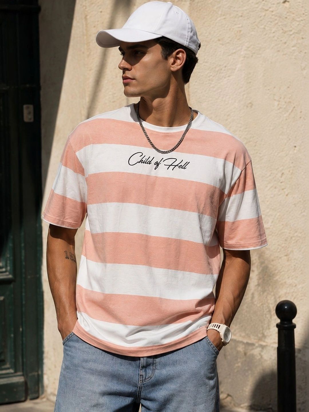 Eszett Men Child Hell Tshirt Striped Cotton Leher Bulat Kemeja-T Fit Oversized
