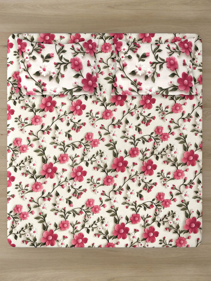 KLOTTHE Green & Pink Floral 300-Thread Count 7D-King Size Bedsheet With 2-Pillow Covers