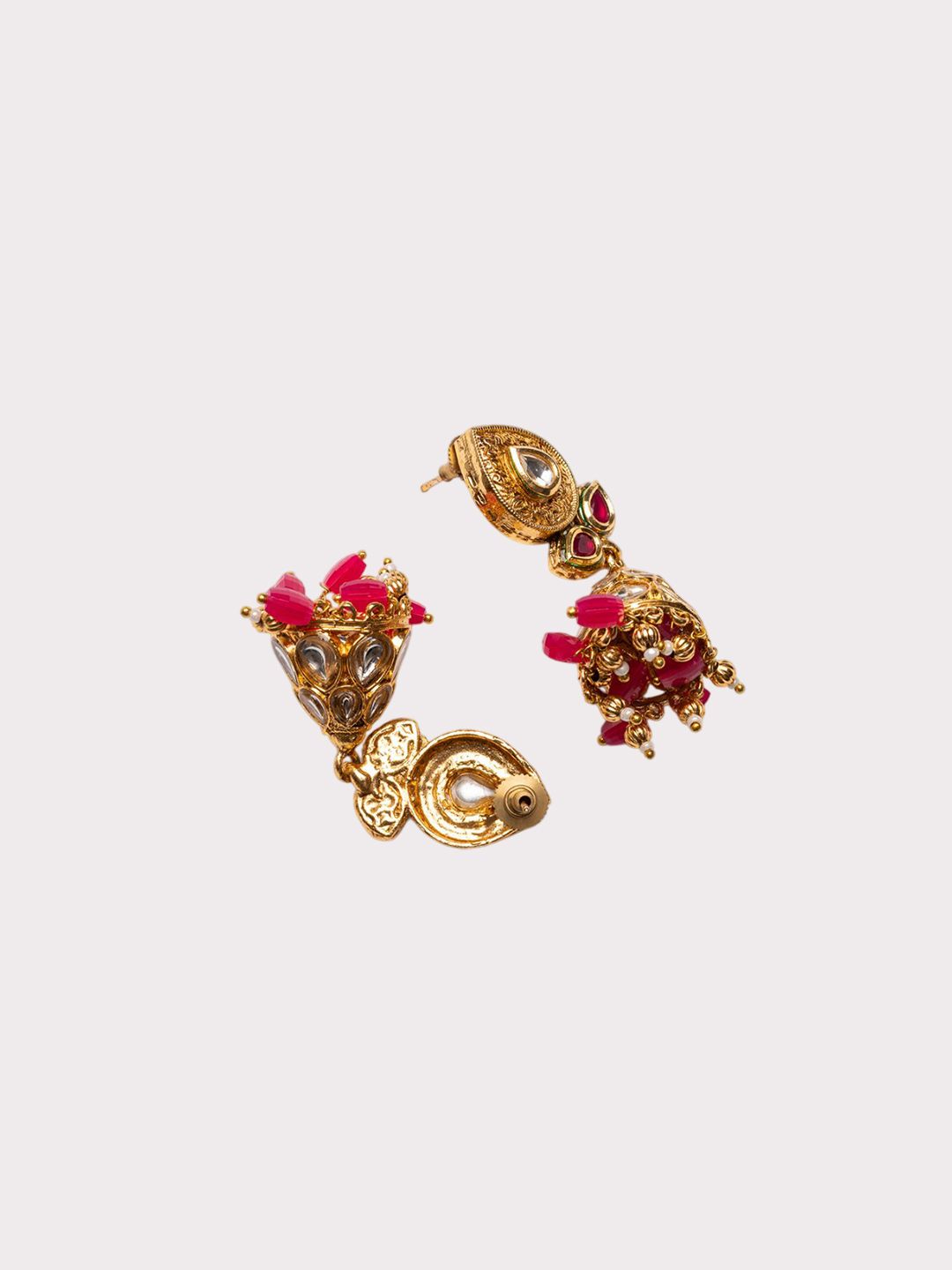 PANASH Gold-Plated Artificial Stones Studded And Beaded Contemporary Shaped Jhumkas