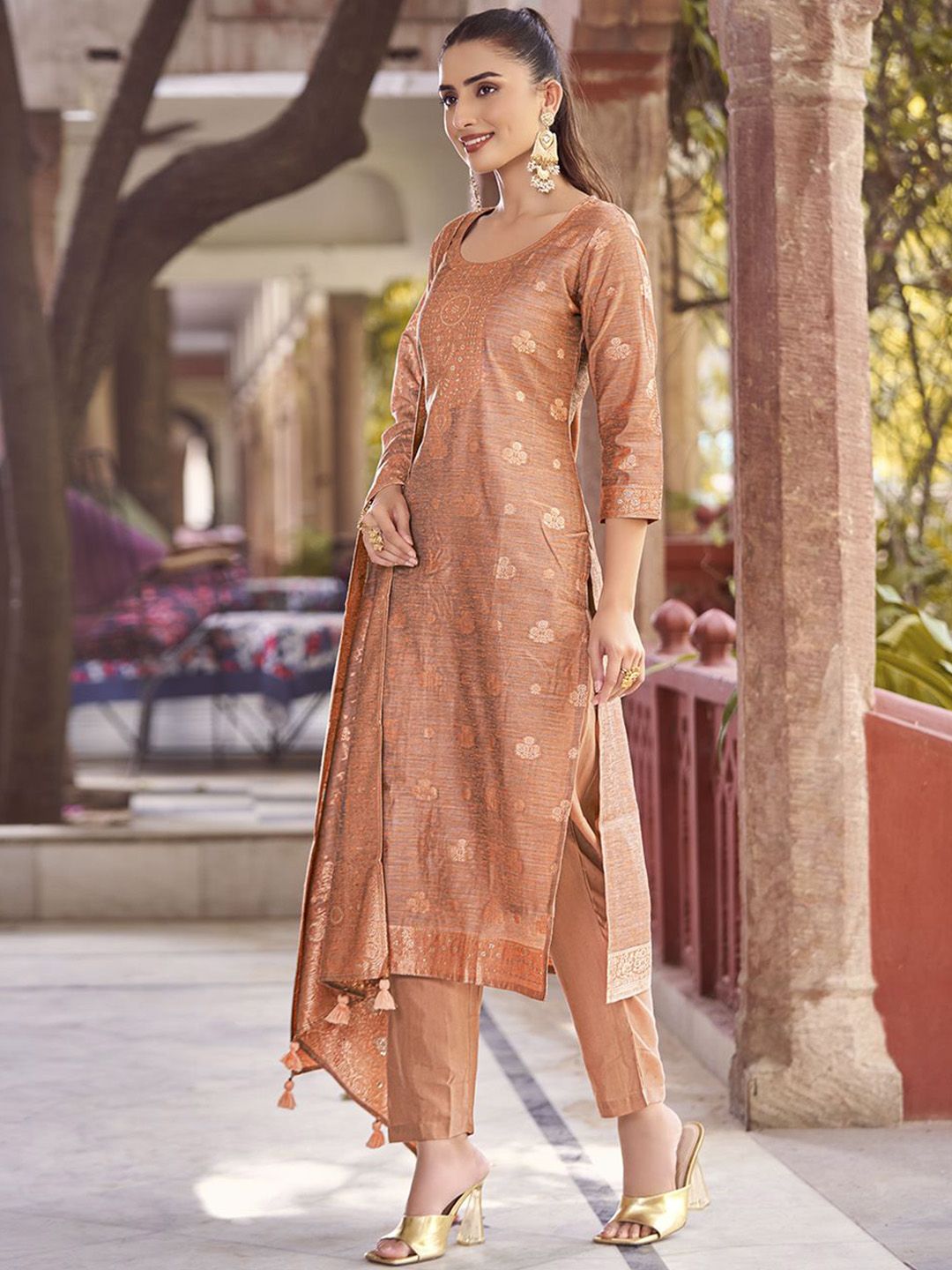 KALINI Women Woven Straight Silk Blend Kurta with Trousers & With Dupatta