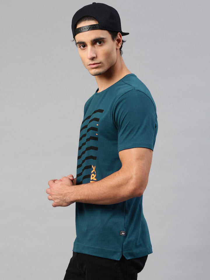 HRX by Hrithik Roshan Men Teal Blue Printed Pure Cotton T-shirt