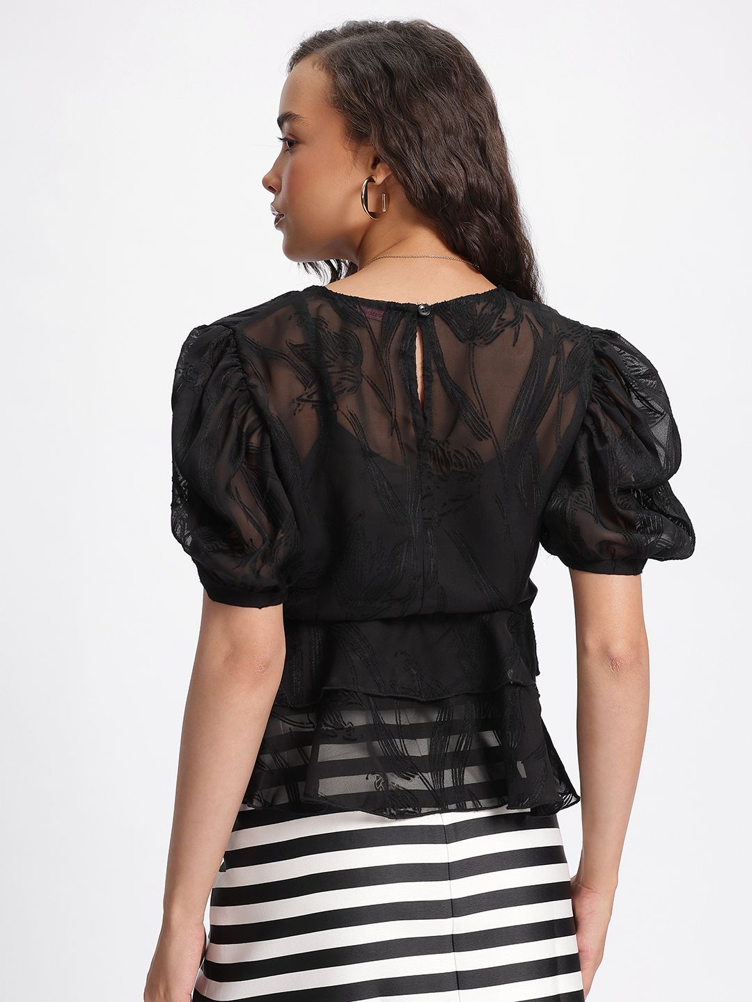 DressBerry Floral V-Neck Semi Sheer Crop Top