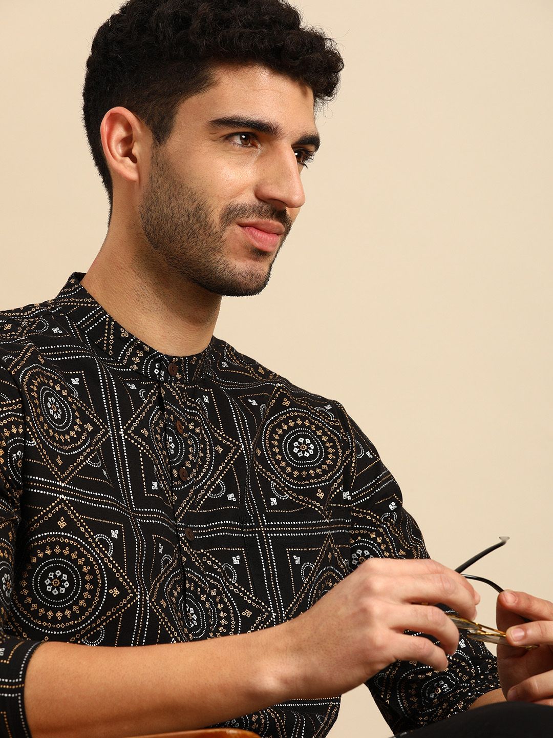 Anouk Men Black Printed Regular Pure Cotton Kurta with Pyjamas