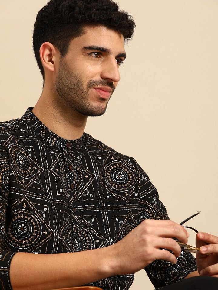Anouk Men Black Printed Regular Pure Cotton Kurta with Pyjamas