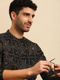Anouk Men Black Printed Regular Pure Cotton Kurta with Pyjamas