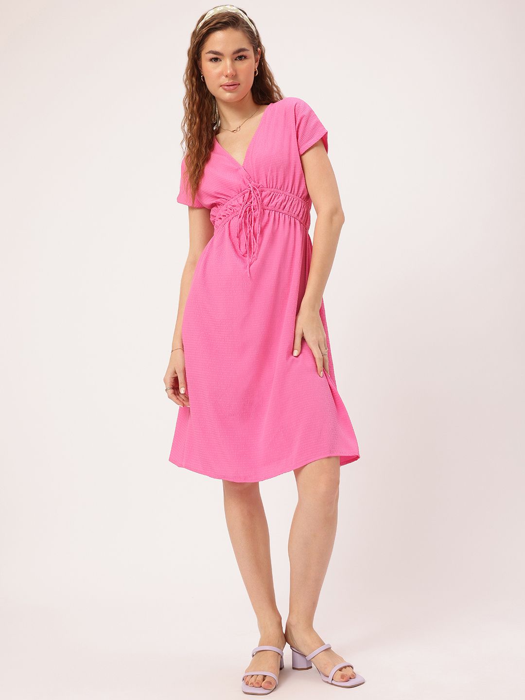 DressBerry Barbiecore Seersucker Cinched Waist A-Line Dress
