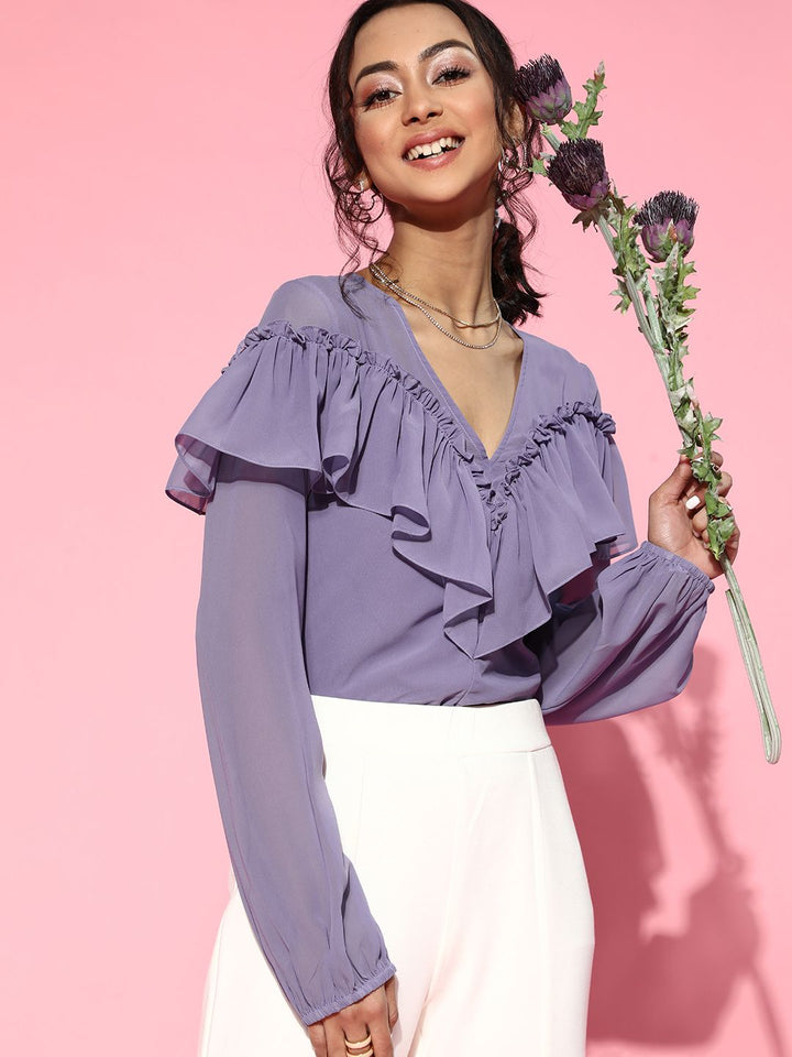 Athena Wanita Lavender Elegant Solid Ruffled atas