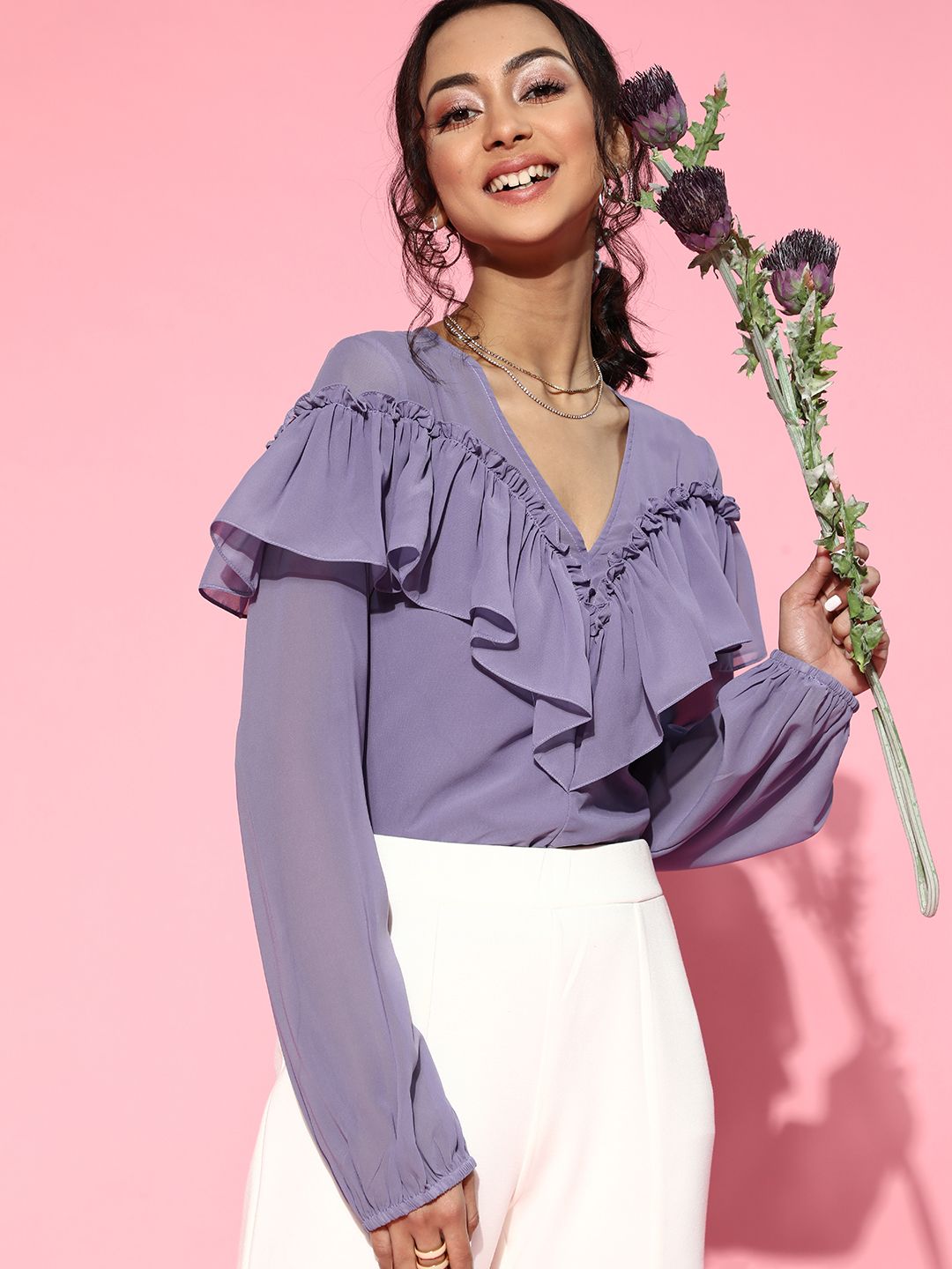 Athena Wanita Lavender Elegant Solid Ruffled atas