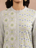 W Grey Geometric Printed Mandarin Collar Straight Kurta with Trousers