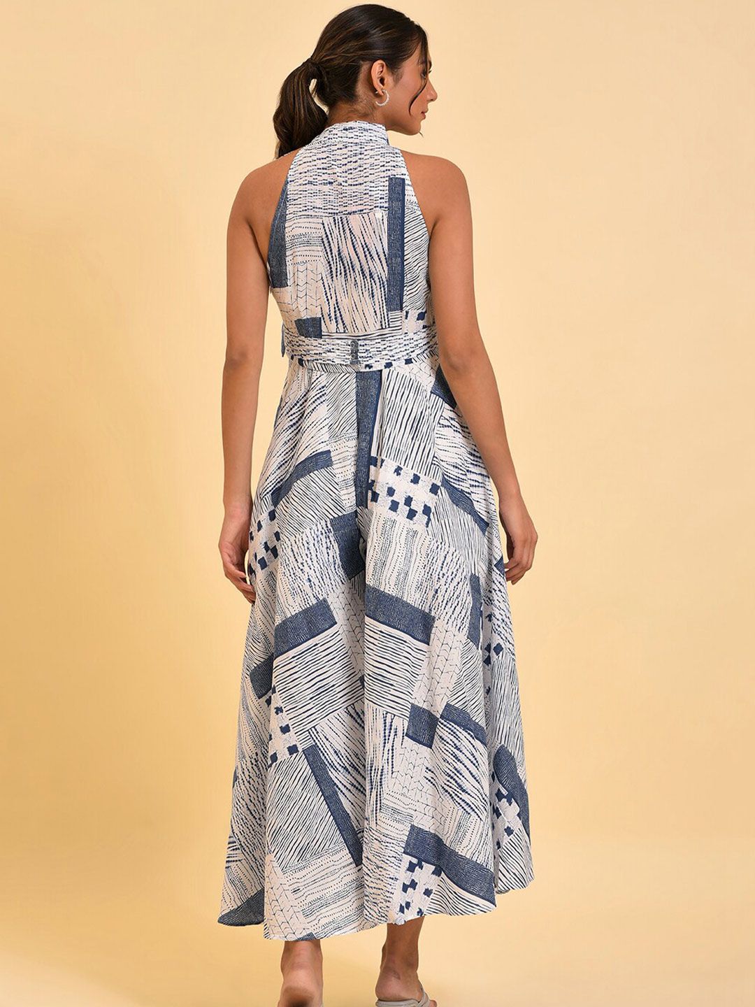 W Blue & White Halter Neck Printed Pure Cotton Culotte Jumpsuit