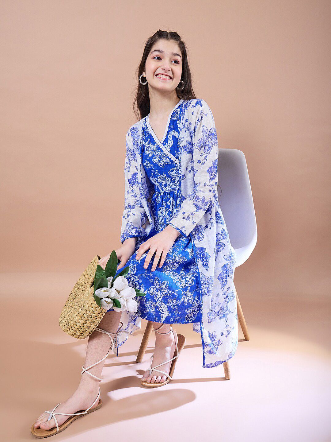 pspeaches Girls Floral Print V-Neck Long Sleeves A-Line Midi Dress With Shrug
