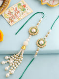 NVR Set of 2 White & Green Stone Studded Bhaiya Bhabhi Rakhi with Roli Chawal Chandan