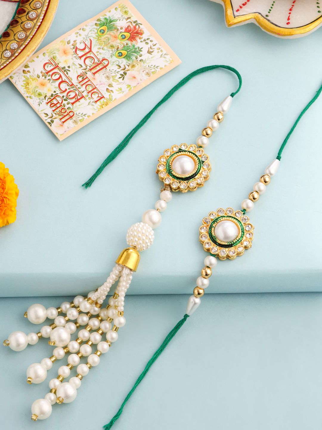 NVR Set of 2 White & Green Stone Studded Bhaiya Bhabhi Rakhi with Roli Chawal Chandan