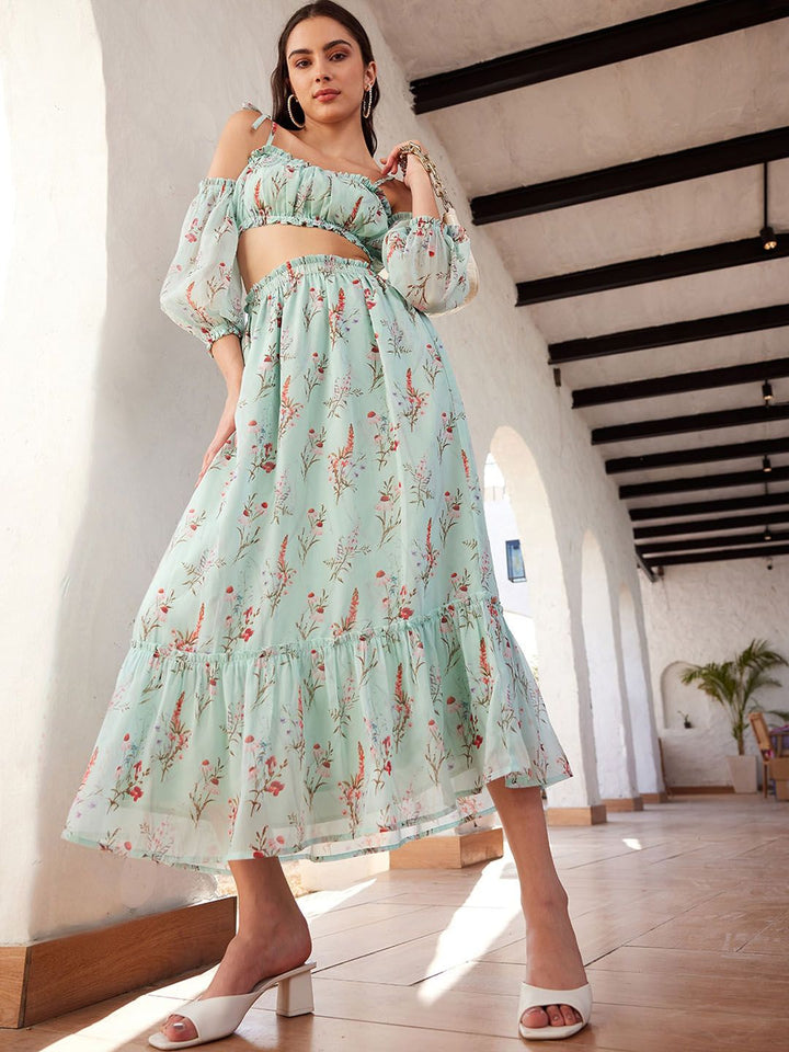 STREET 9 Green Printed Top & Skirt