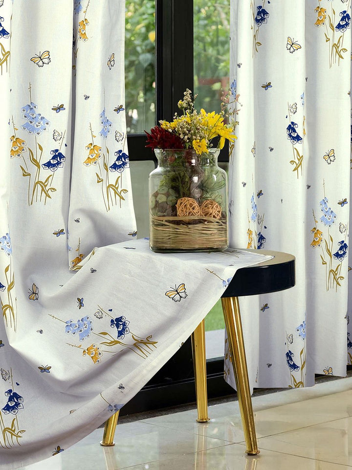 Cortina Blue & White 2 Pieces Floral Printed Cotton Window Curtain
