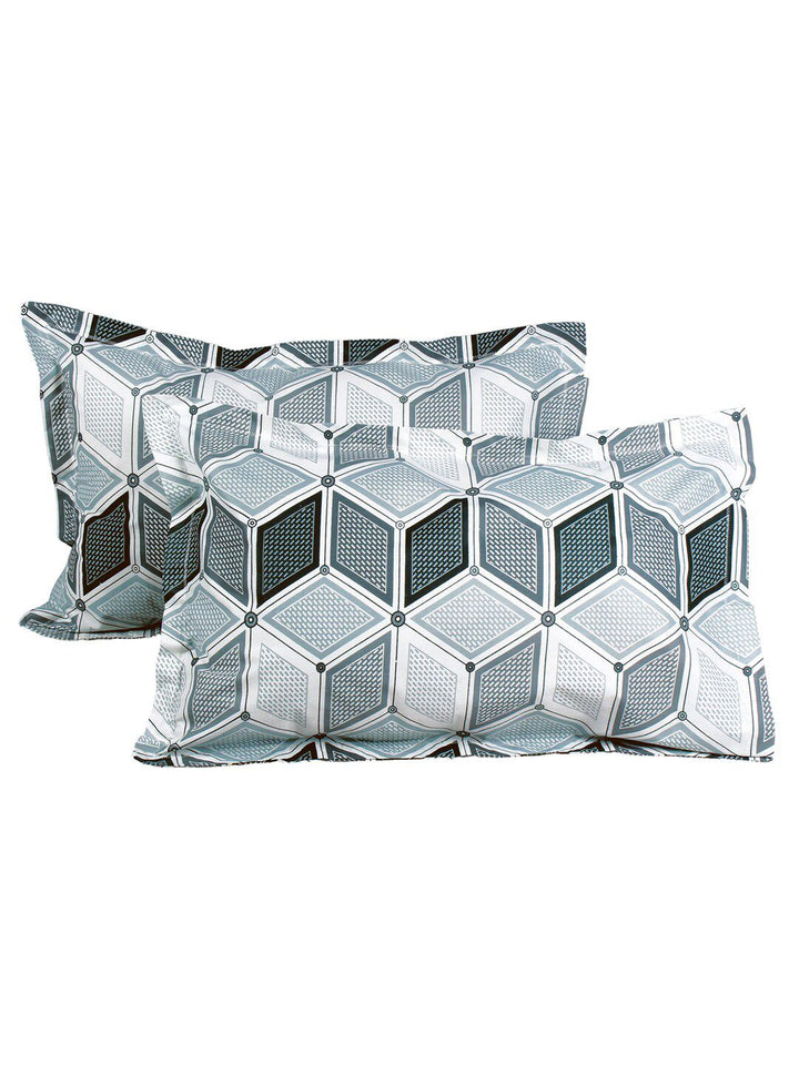 Story@home White & Olive Green Geometric Cotton 186 TC Queen Bedsheet With 2 Pillow Covers