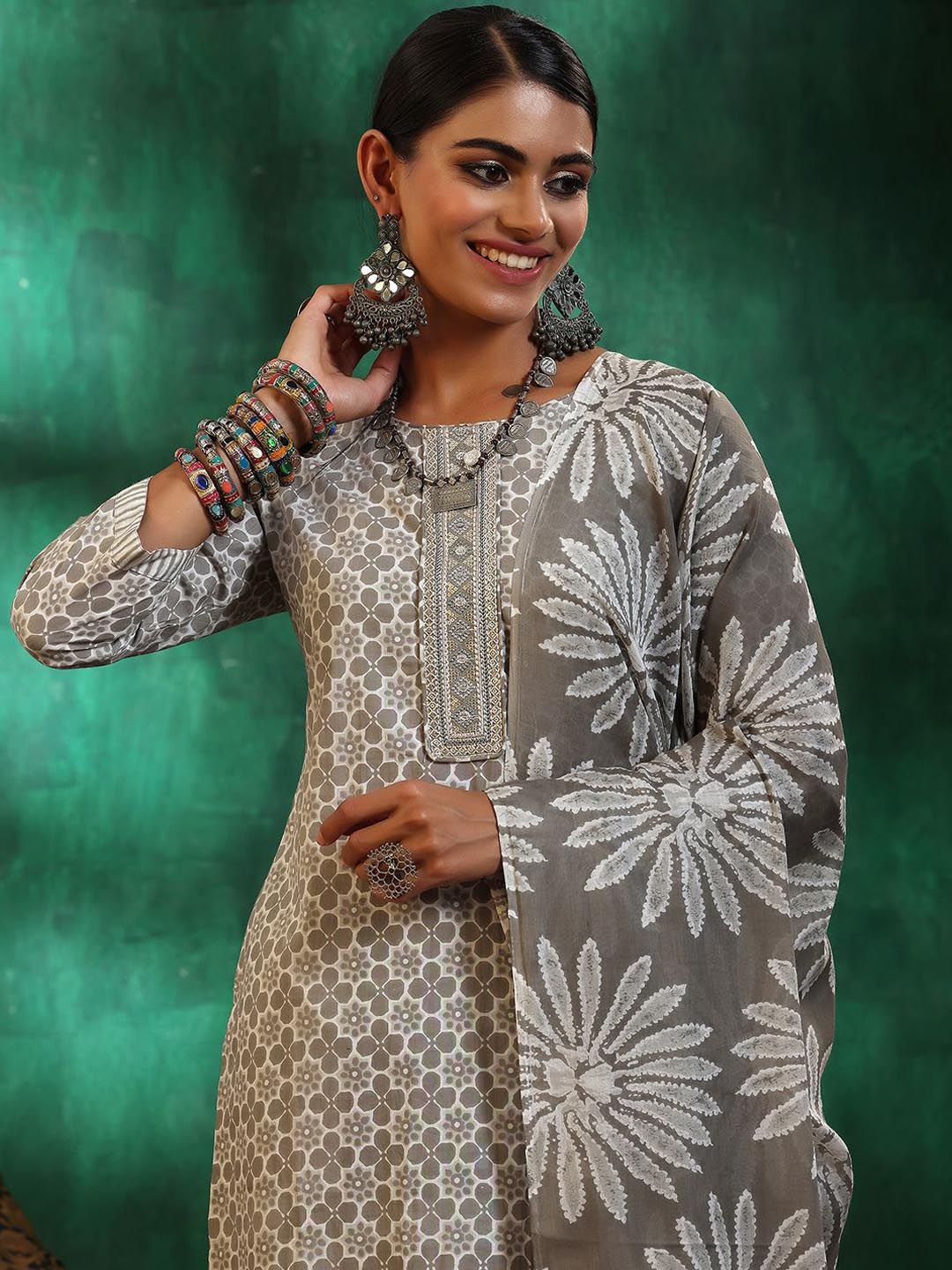 Libas Ethnic Motifs Printed Sequinned Pure Cotton A Line Kurta with Trousers & Dupatta