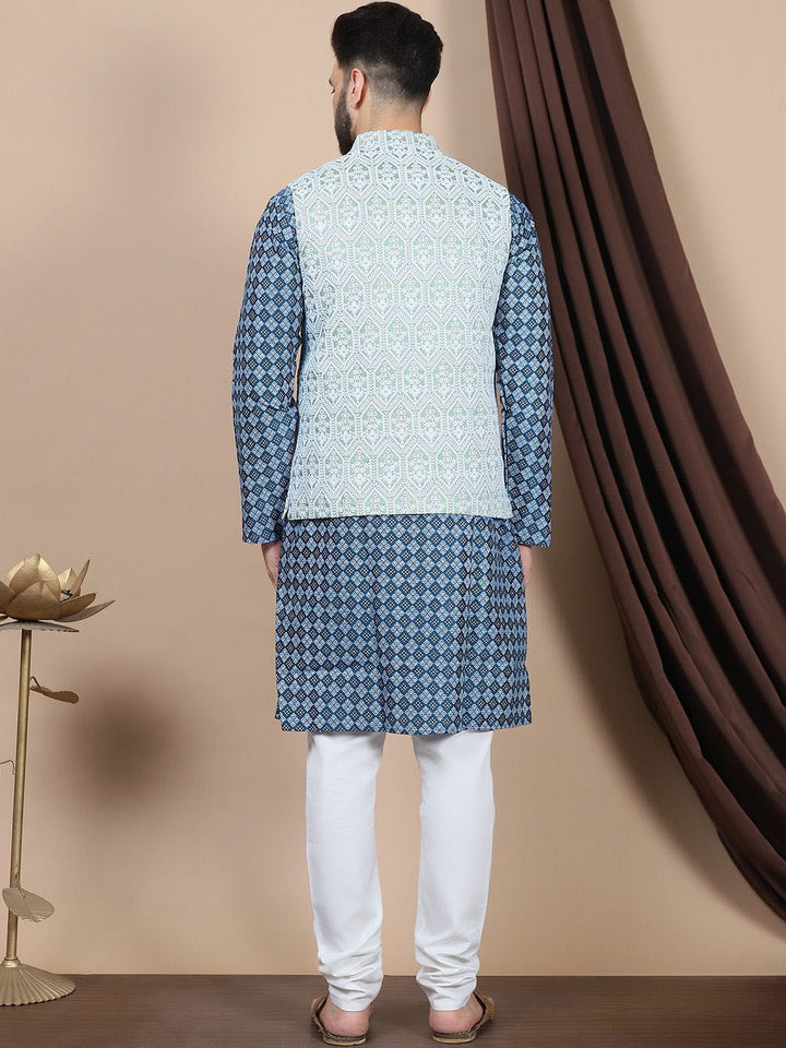 Anouk Navy Blue Floral Embroidered Pure Cotton Straight Kurta With Churidar & Nehru Jacket