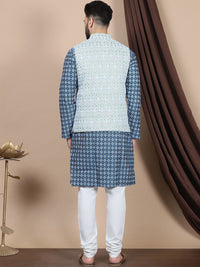 Anouk Navy Blue Floral Embroidered Pure Cotton Straight Kurta With Churidar & Nehru Jacket