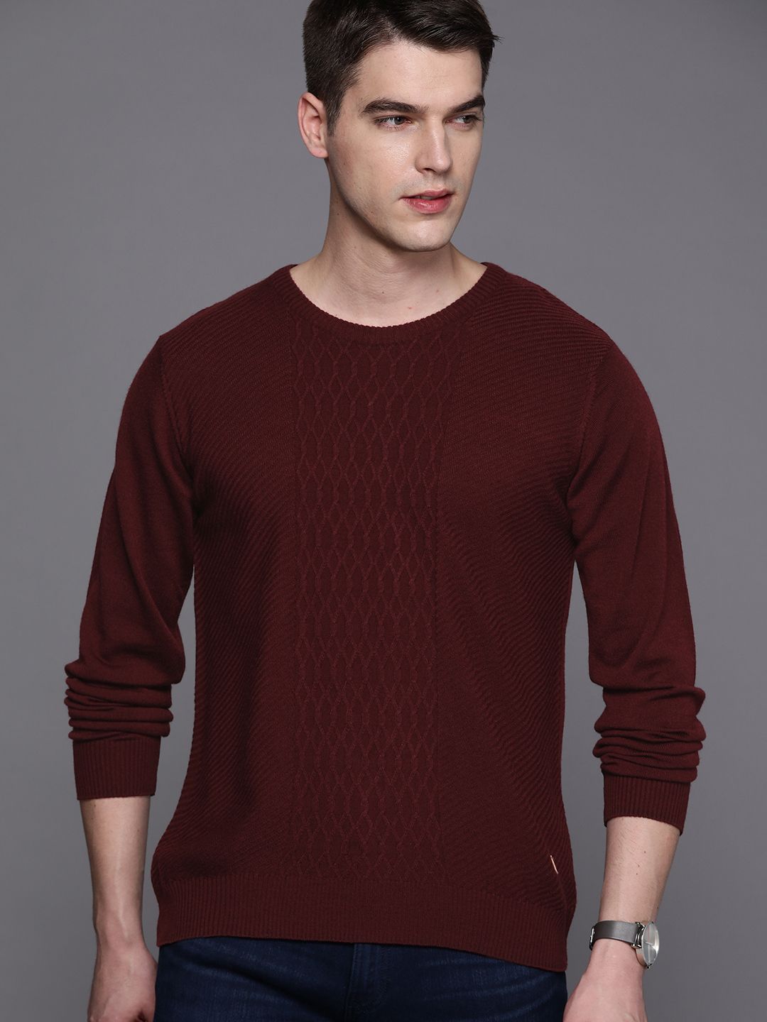 Raymond Men Maroon Cable Knit Pullover