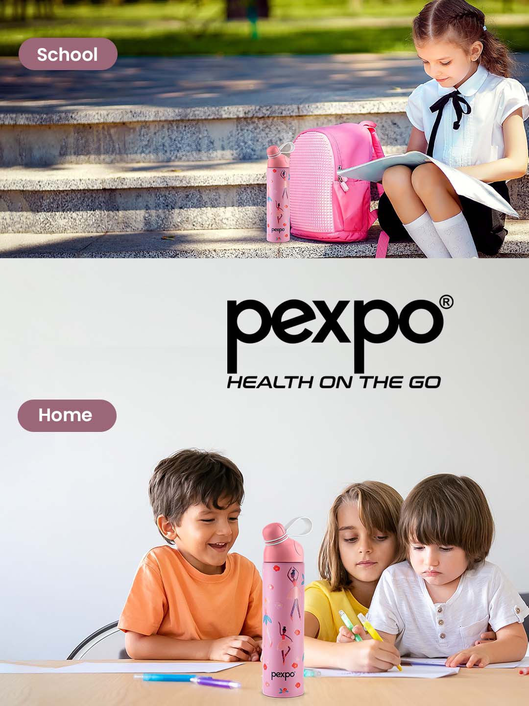 Pexpo Pink and Purple Printed Stainless Steel Double Wall Vacuum Water Bottle 470ml