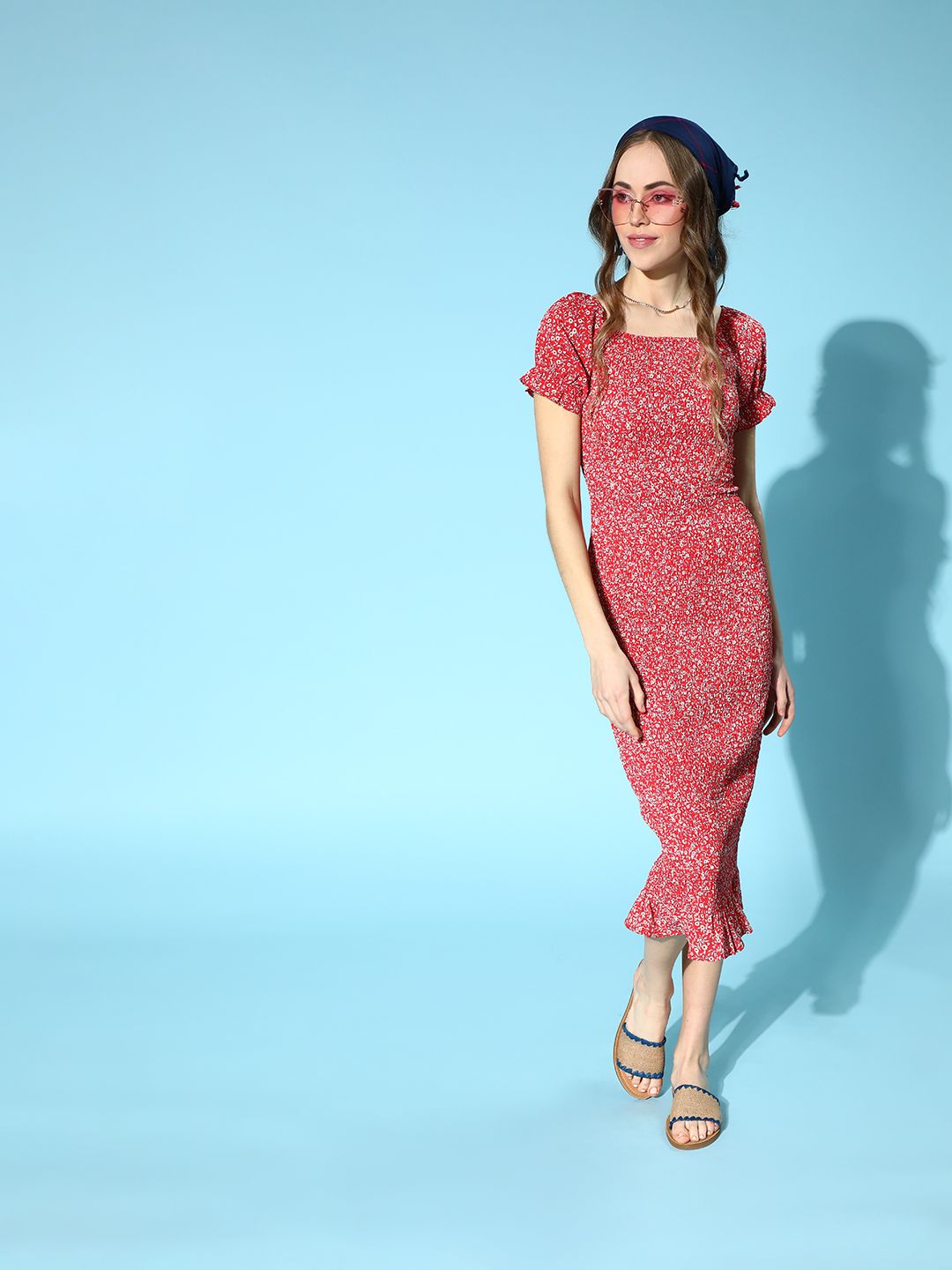 Berrylush Women Gorgeous Red Floral Smocked Dress
