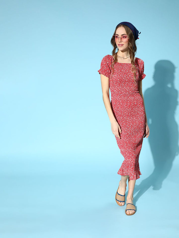 Berrylush Women Gorgeous Red Floral Smocked Dress