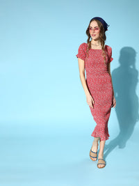 Berrylush Women Gorgeous Red Floral Smocked Dress