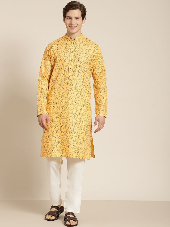 SOJANYA Lelaki Kuning & Coklat Kapas Linen Abstrak Bercetak Kurta