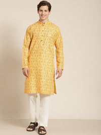 SOJANYA Lelaki Kuning & Coklat Kapas Linen Abstrak Bercetak Kurta