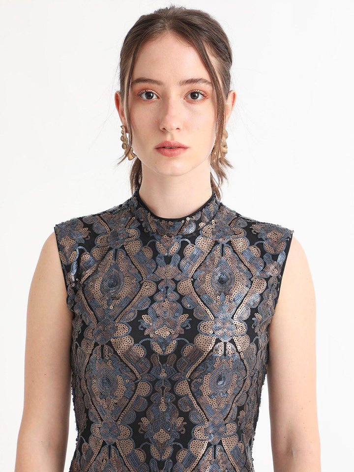 RAREISM High Neck Sleeveless Sequin Embellished Sheath Above Knee Dress