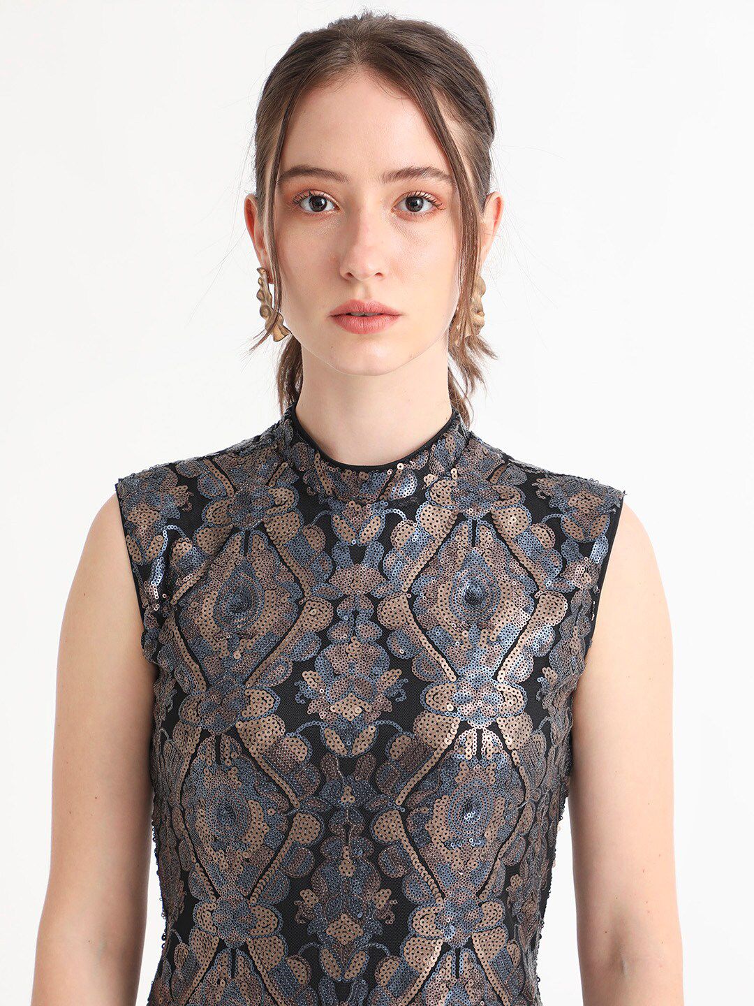 RAREISM High Neck Sleeveless Sequin Embellished Sheath Above Knee Dress