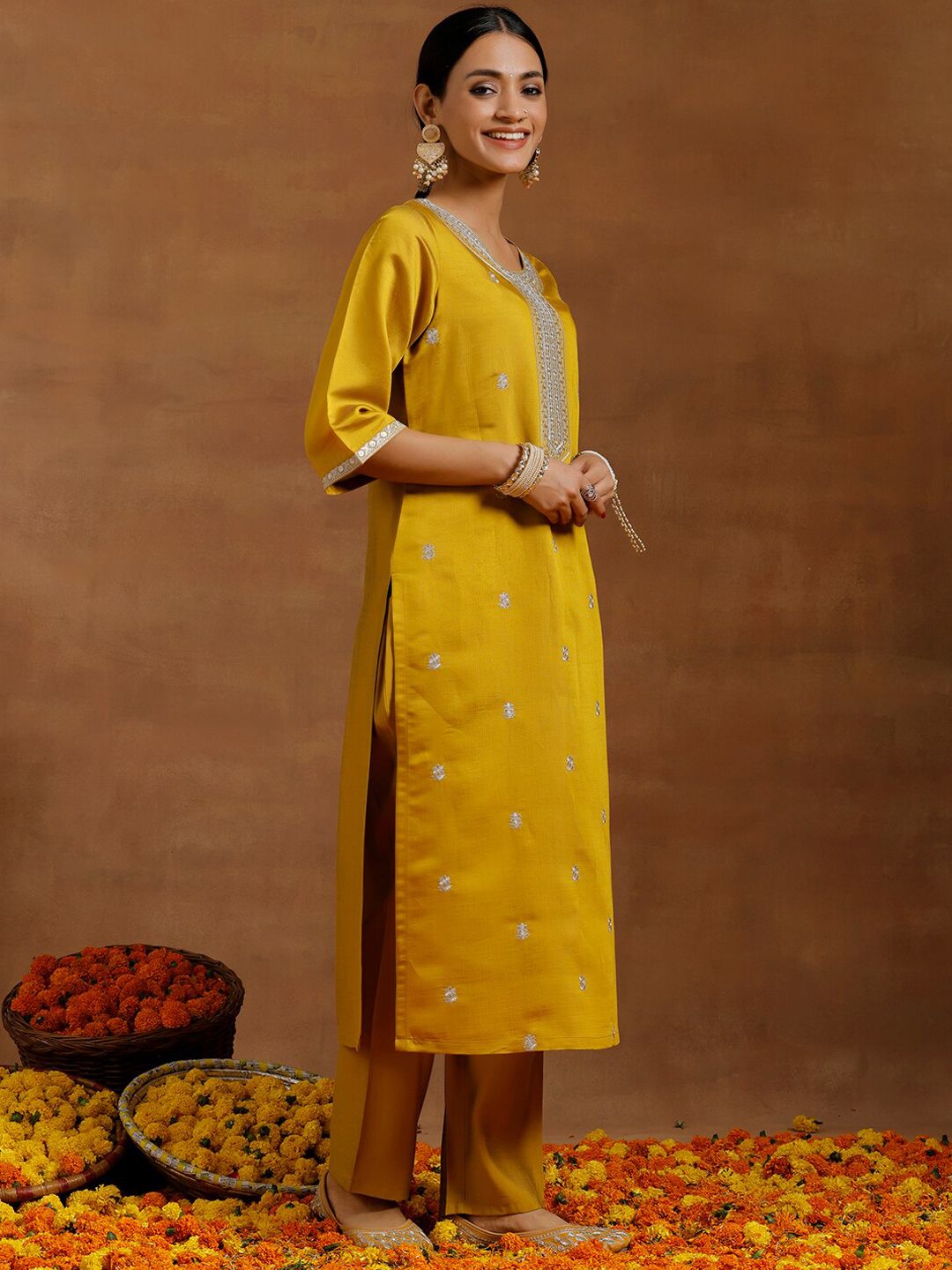 Libas Floral Embroidered Regular Sequinned Straight Kurta With Trousers & Dupatta