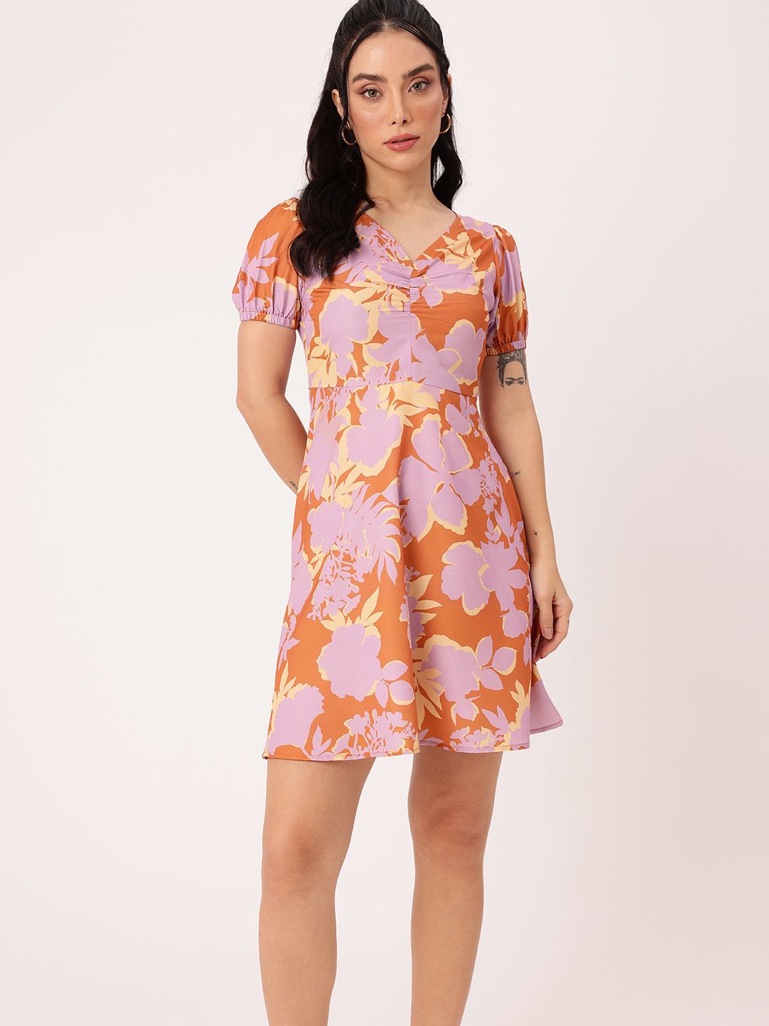 DressBerry Charming Blossom Printed Gathered A-Line Mini Dress