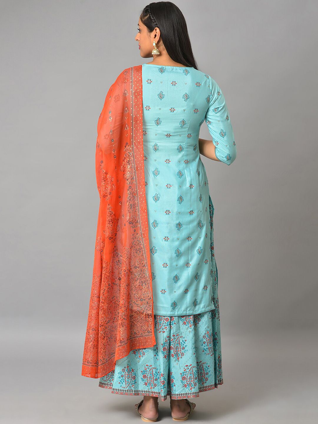 W Women Festive Floral Print Shantung Kurta With Cullote & Dupatta