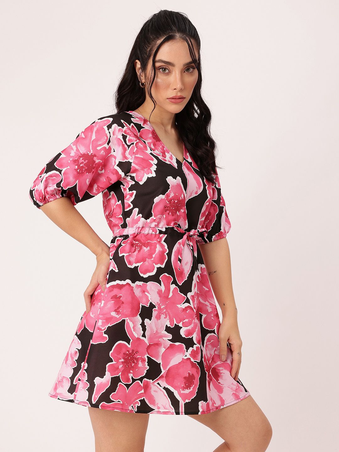 DressBerry Edgy Chic Bloom Printed Waist Tie-Ups A-Line Mini Dress