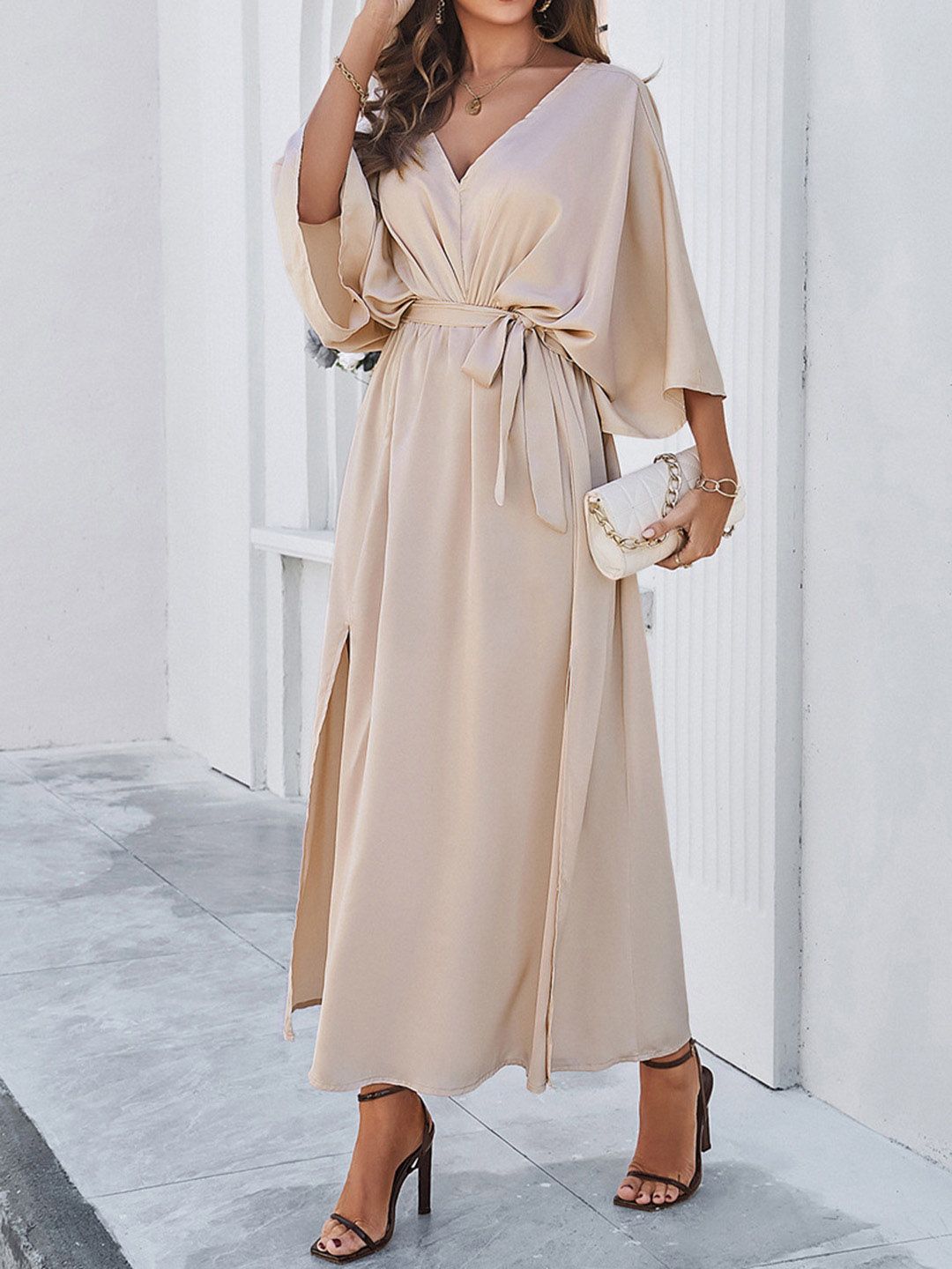 all about you Champagne Flared Sleeve V-Neck Maxi Dress