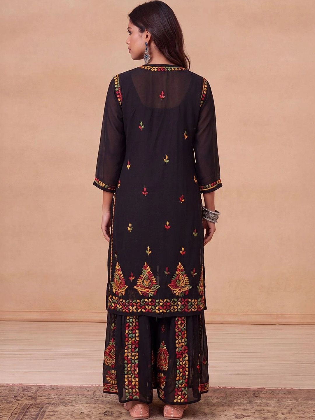 House of Chikankari Women Ethnic Motifs Embroidered Regular Thread Work Kurta with Sharara
