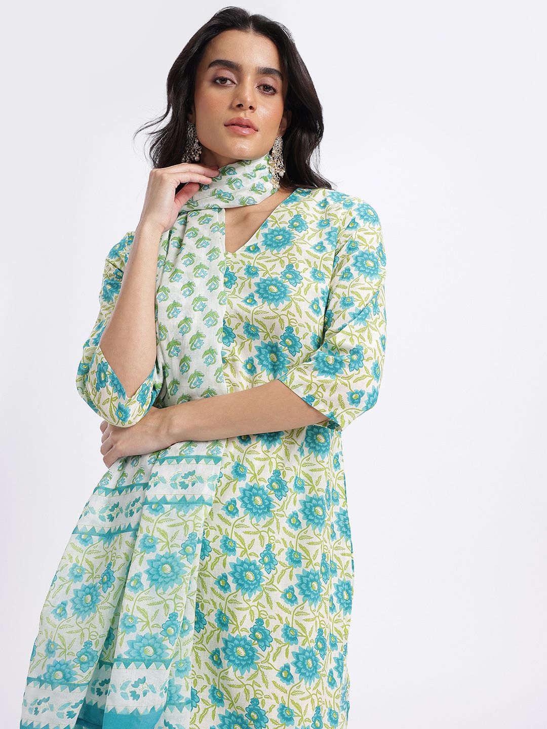 Anouk Floral Printed Pure Cotton Straight Kurta with Trousers & Dupatta