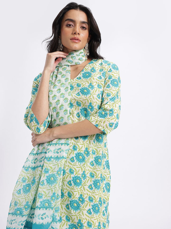 Anouk Floral Printed Pure Cotton Straight Kurta with Trousers & Dupatta