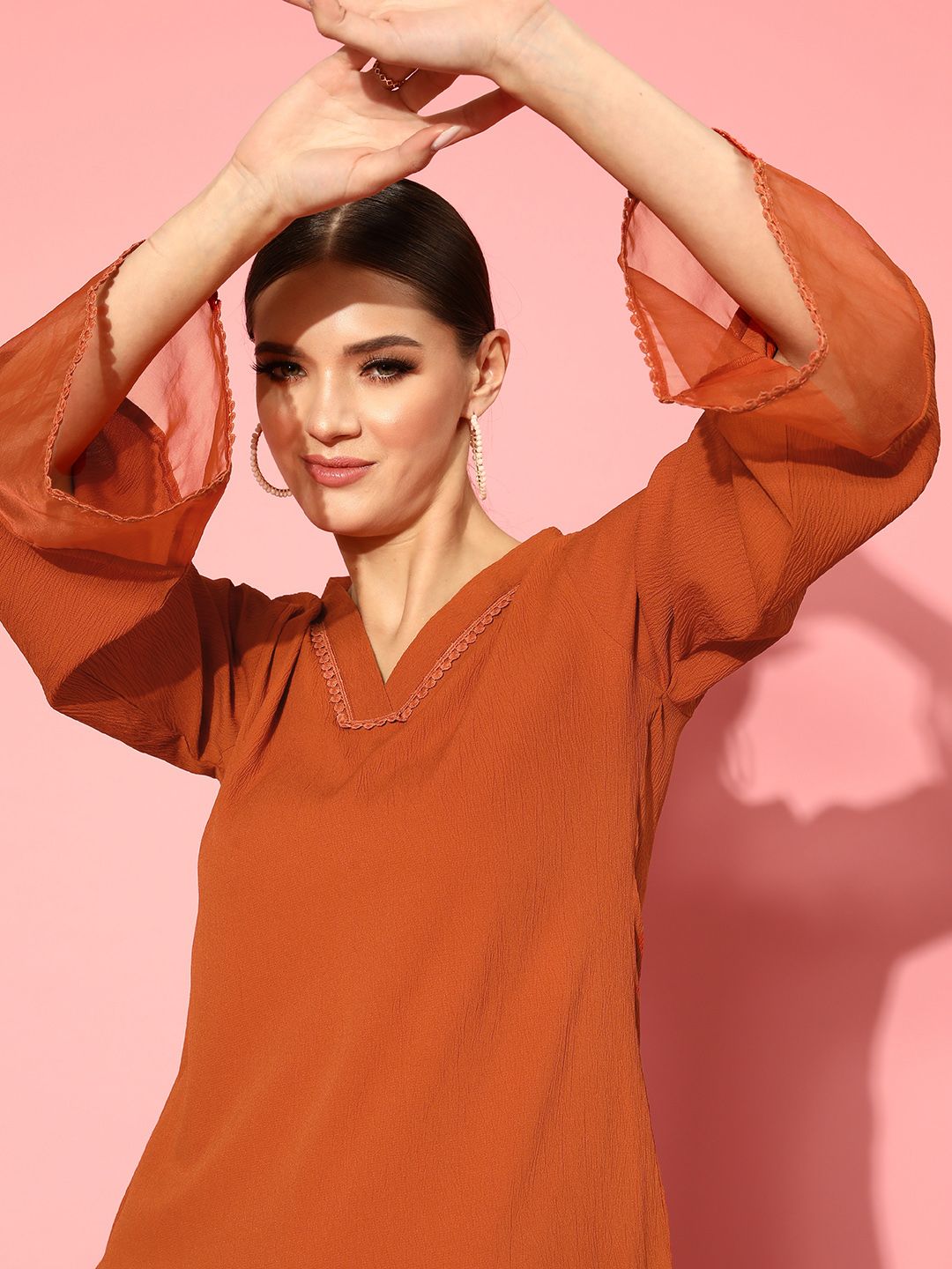 Varanga Rust Flared Sleeve Organza detailed V Neck Textured Kurta with Palazzo