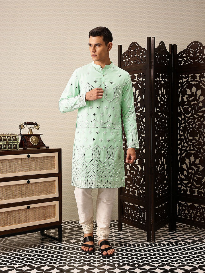 House of Pataudi Embroidered Mandarin Collar Mirror Work Jashn Kurta