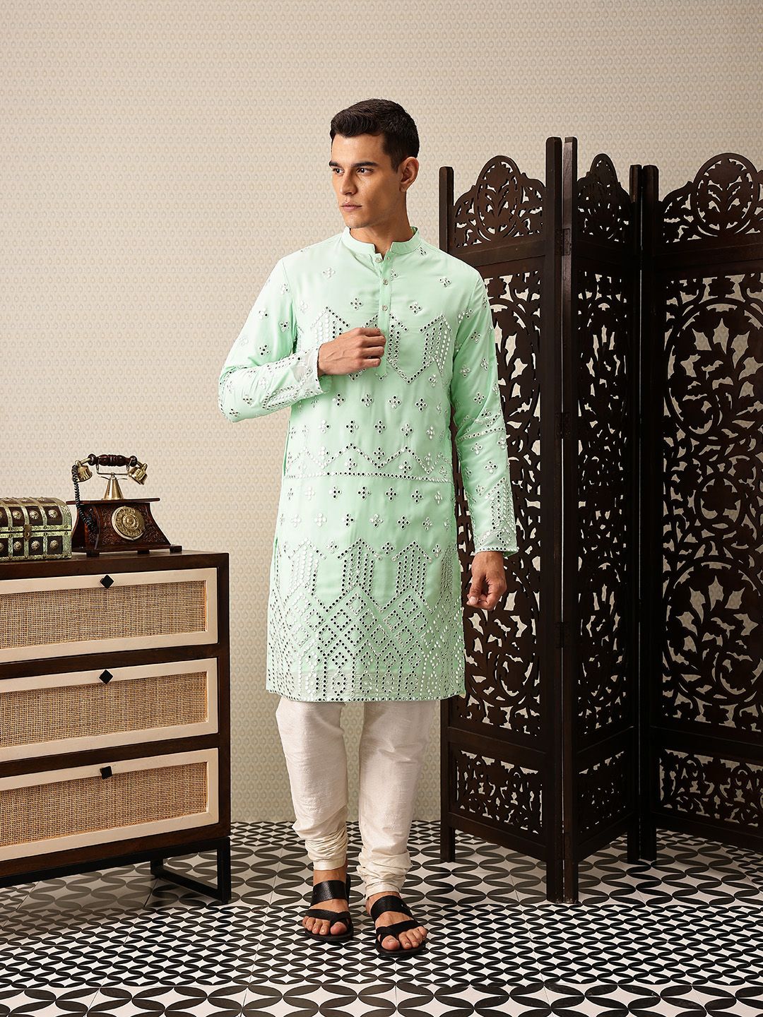 House of Pataudi Embroidered Mandarin Collar Mirror Work Jashn Kurta