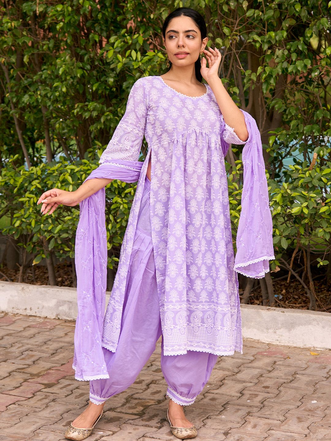 Libas Women Floral Regular Thread Work Pure Cotton Kurta with Salwar & With Dupatta