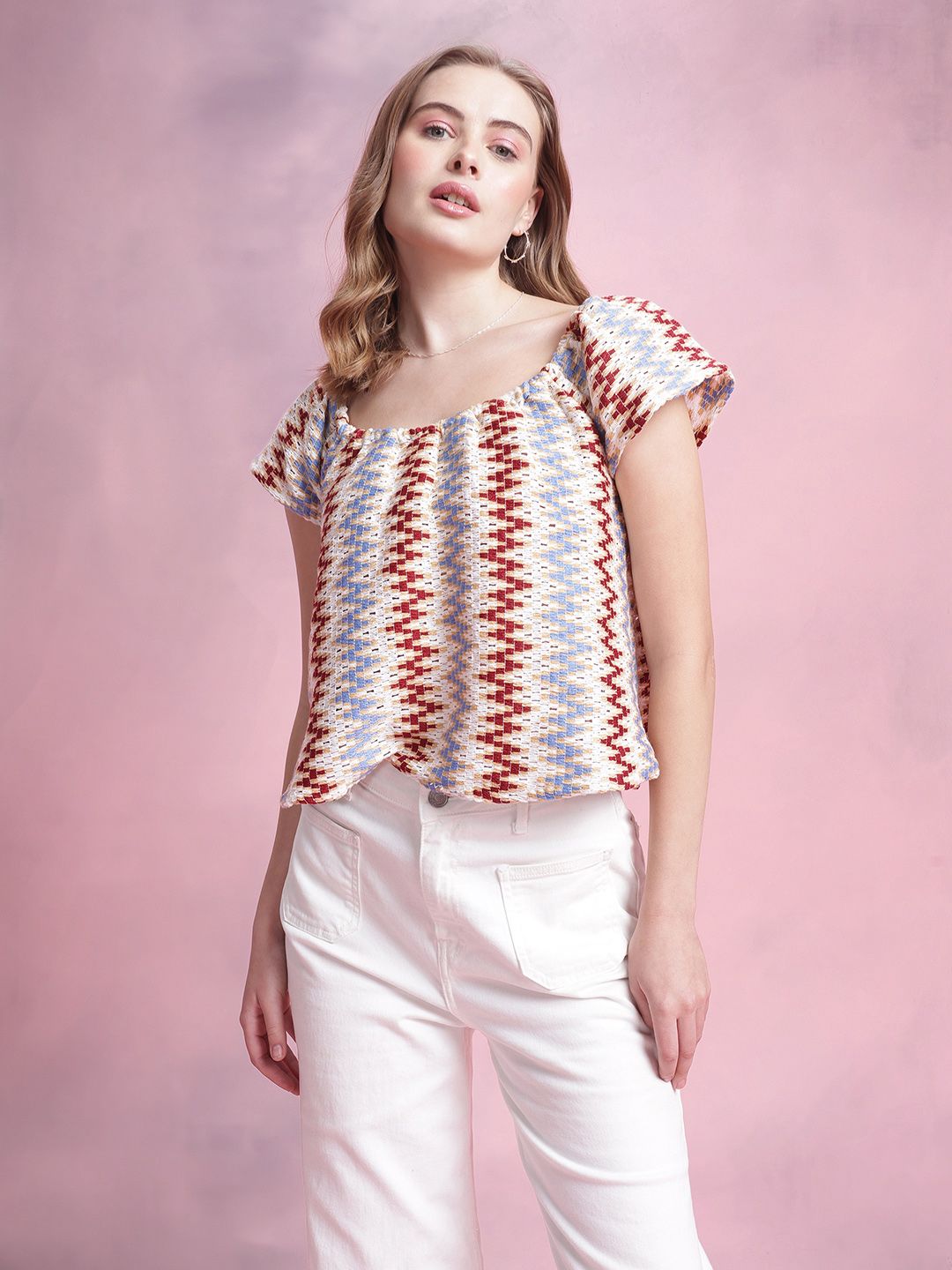 DressBerry Chevron Stripe Self Design Boxy Top