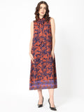 RAREISM Ellu Floral Printed Tie-Up Neck A-Line Midi Dress