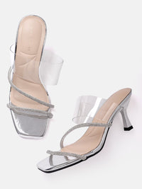 Lino Perros Silver-Toned Embellished Party Slim Heeled Sandals