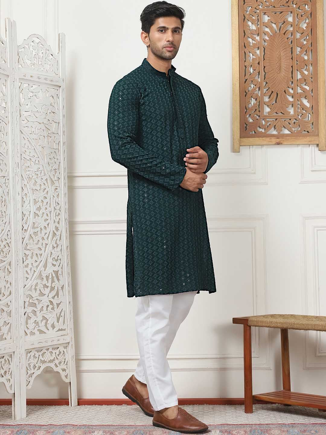 Anouk Green & White Ethnic Motif Embroidered Band Collar Sequinned Kurta With Pyjamas