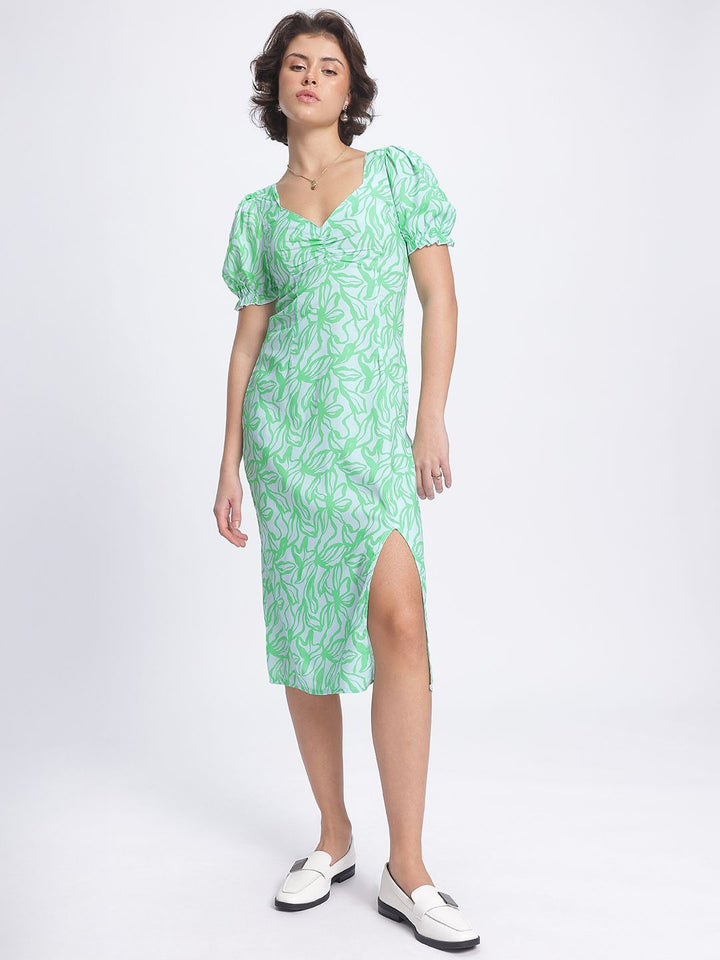 DressBerry Floral Muse Sweetheart Neck Ruched Front Slit Detail Sheath Midi Dress