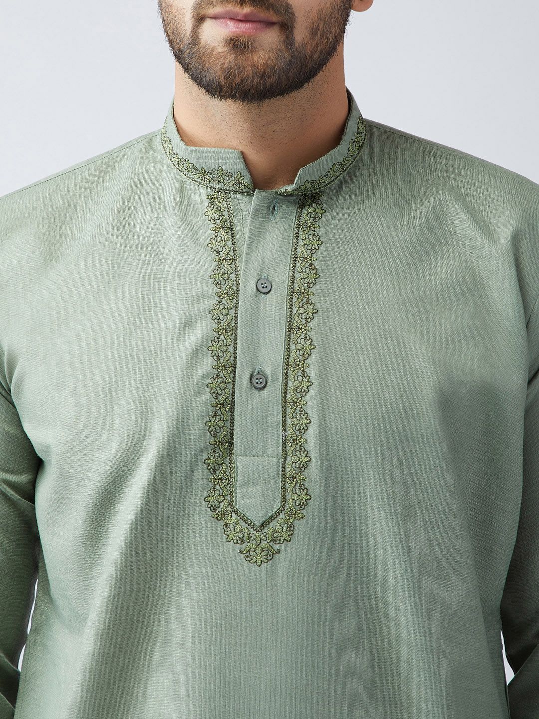 SOJANYA Lelaki Kurta Pendek Bersulam Hijau Zaitun
